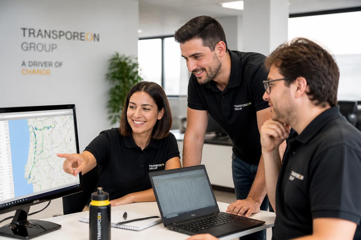 Equipa de operações a olhar para dados de rotas no escritório