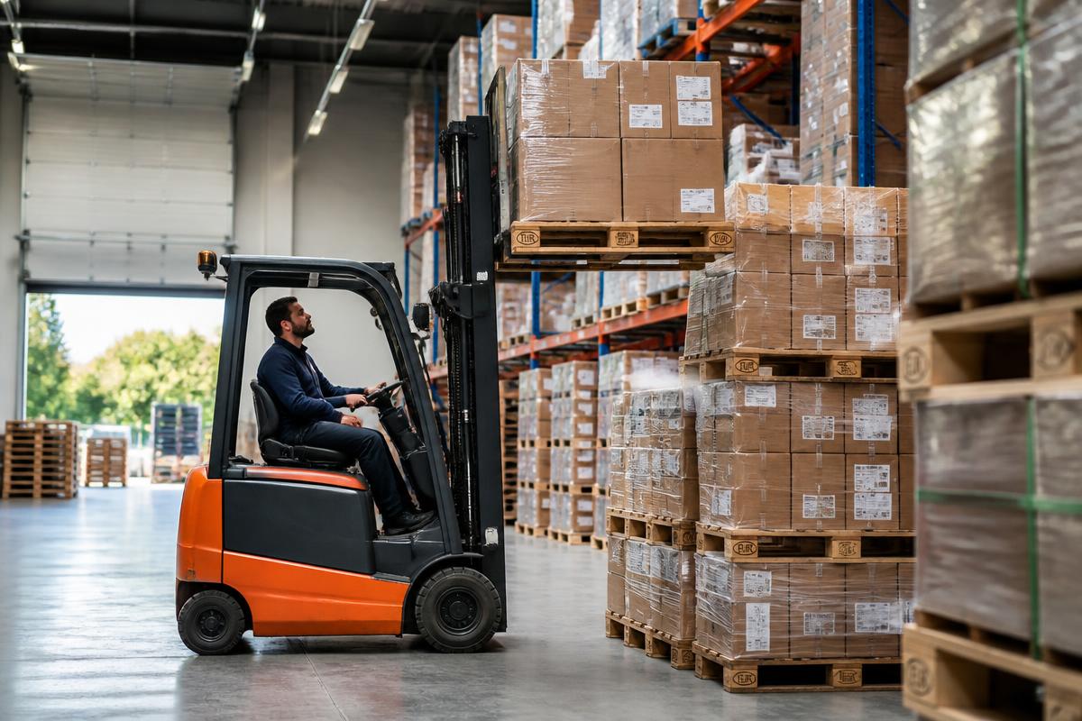Empilhador a carregar pallets num armazém