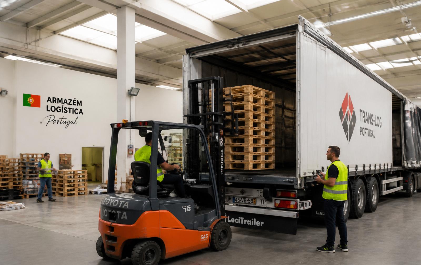 Trabalhadores a carregar pallets num camião num armazém logístico
